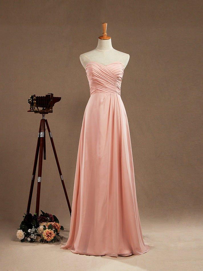 Vestido de dama de honor de gasa con corte en A, largo hasta el suelo, escote corazón, sin tirantes y pliegues 