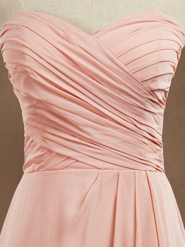 Vestido de dama de honor de gasa con corte en A, largo hasta el suelo, escote corazón, sin tirantes y pliegues 