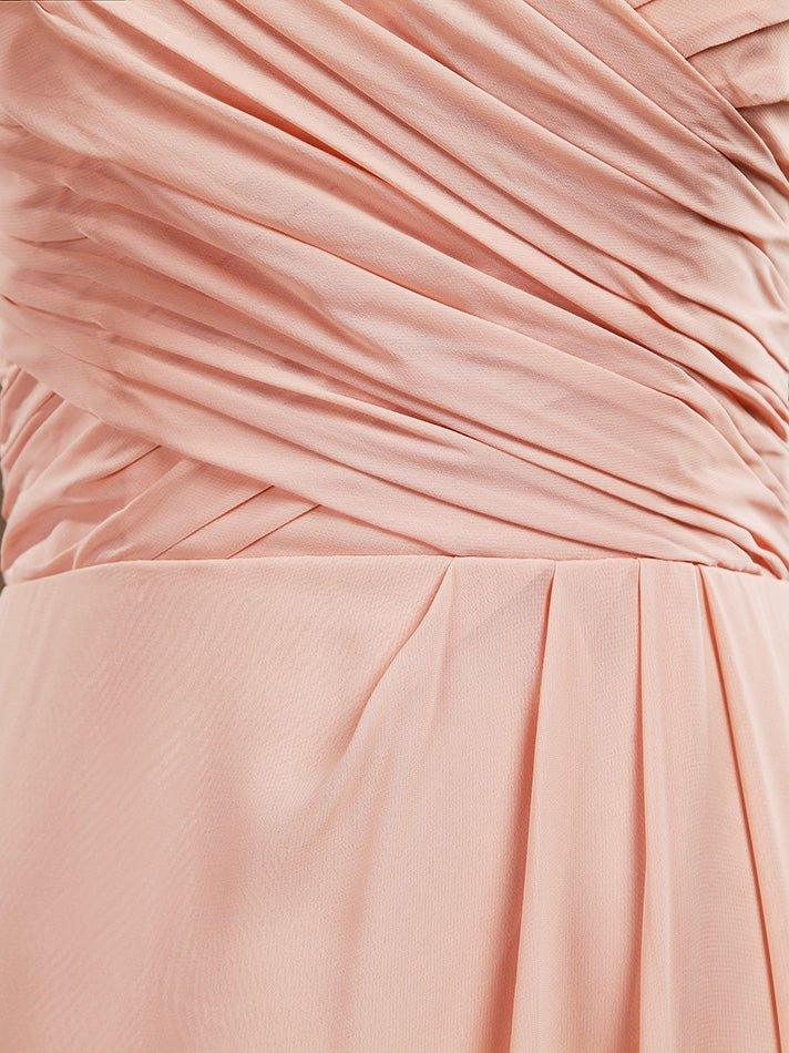 Vestido de dama de honor de gasa con corte en A, largo hasta el suelo, escote corazón, sin tirantes y pliegues 