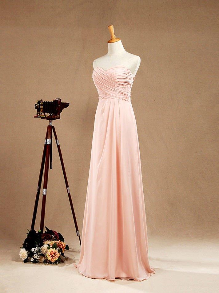 Vestido de dama de honor de gasa con corte en A, largo hasta el suelo, escote corazón, sin tirantes y pliegues 