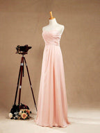 Vestido de dama de honor de gasa con corte en A, largo hasta el suelo, escote corazón, sin tirantes y pliegues 