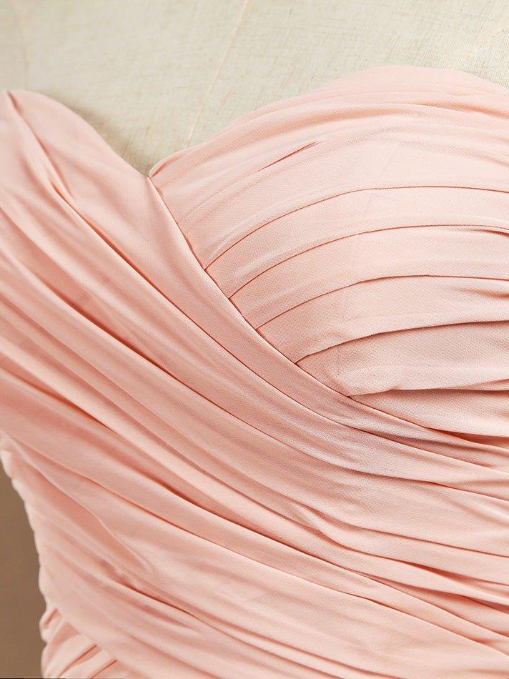 Vestido de dama de honor de gasa con corte en A, largo hasta el suelo, escote corazón, sin tirantes y pliegues 