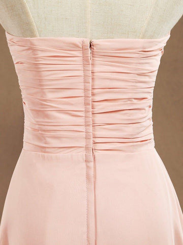 Vestido de dama de honor de gasa con corte en A, largo hasta el suelo, escote corazón, sin tirantes y pliegues 