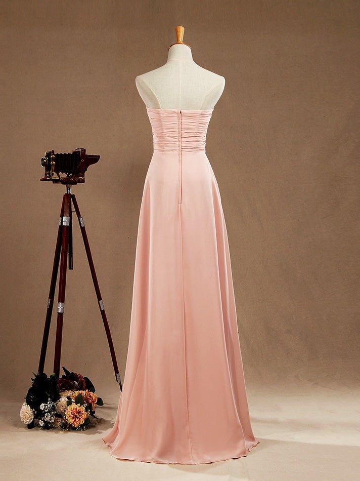 Vestido de dama de honor de gasa con corte en A, largo hasta el suelo, escote corazón, sin tirantes y pliegues 