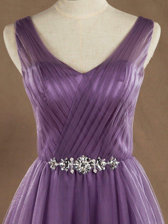 Vestido de dama de honor de tul con escote en V, largo hasta el suelo, cruzado con cuentas 