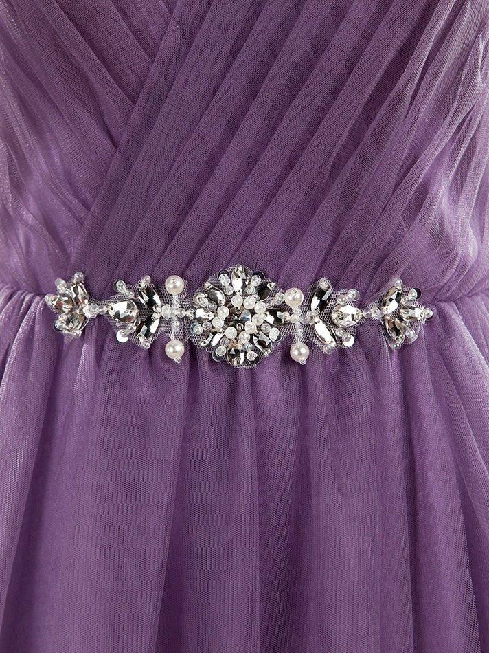 Vestido de dama de honor de tul con escote en V, largo hasta el suelo, cruzado con cuentas 