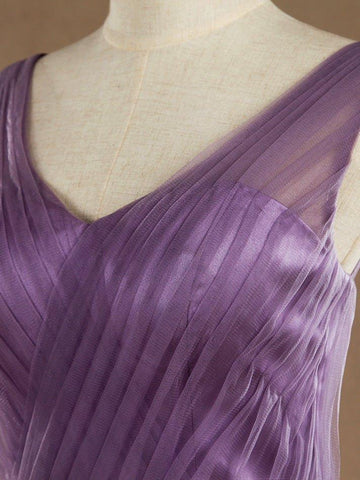 A-Line V-neck Floor Length Tulle Bridesmaid Dress Criss Cross with Beading