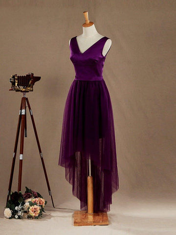 A-line V-neck High-low Hem Satin match Tulle Bridesmaid Dress