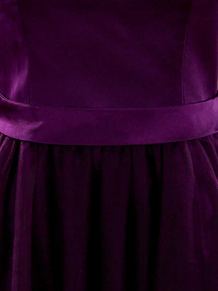 Vestido de dama de honor de tul con escote en V y corte A con dobladillo alto y bajo en satén 