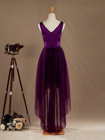 A-line V-neck High-low Hem Satin match Tulle Bridesmaid Dress