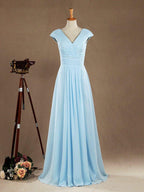 Vestido de dama de honor de gasa con escote en V, largo hasta el suelo y mangas cortas 