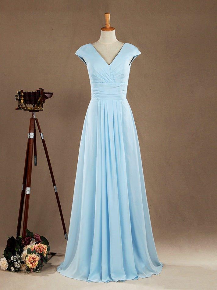 Vestido de dama de honor de gasa con escote en V, largo hasta el suelo y mangas cortas 