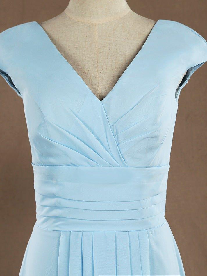 Vestido de dama de honor de gasa con escote en V, largo hasta el suelo y mangas cortas 