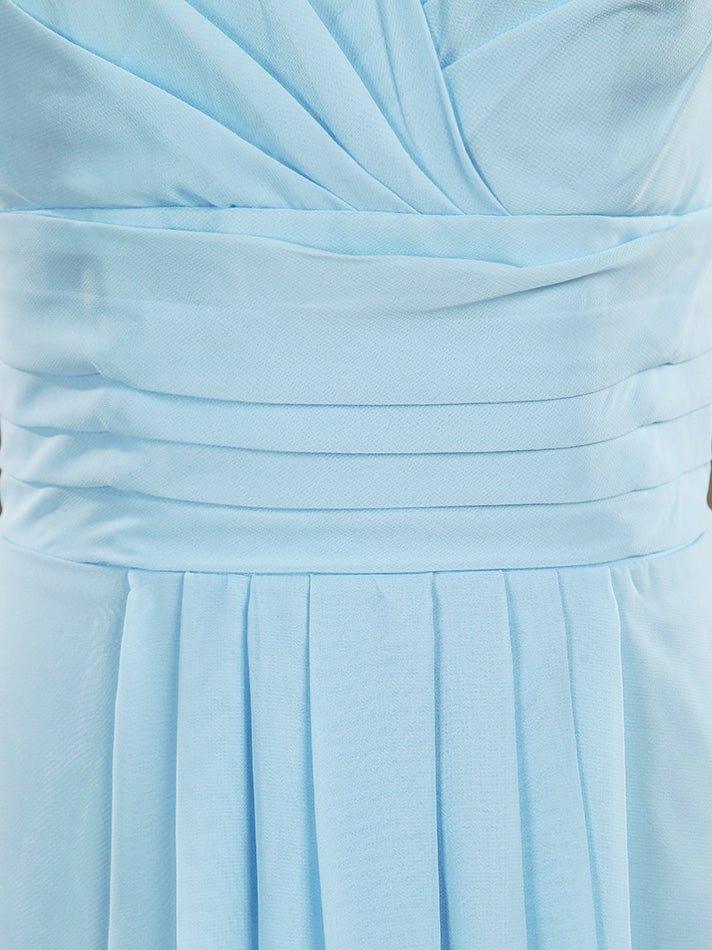 Vestido de dama de honor de gasa con escote en V, largo hasta el suelo y mangas cortas 