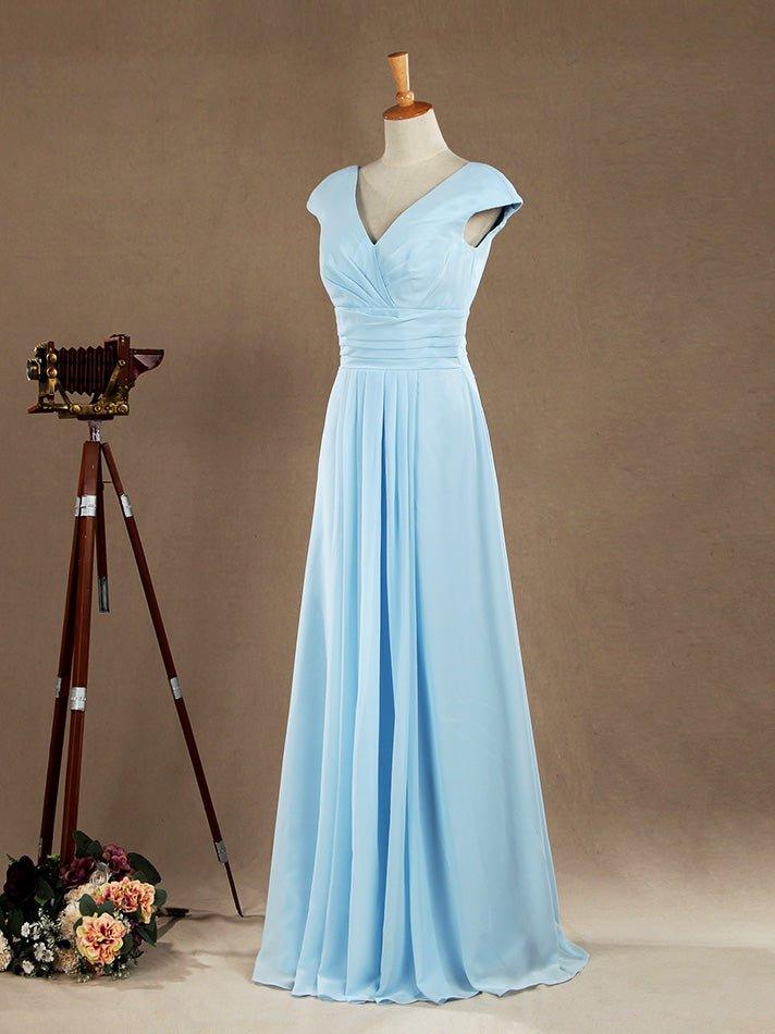 Vestido de dama de honor de gasa con escote en V, largo hasta el suelo y mangas cortas 
