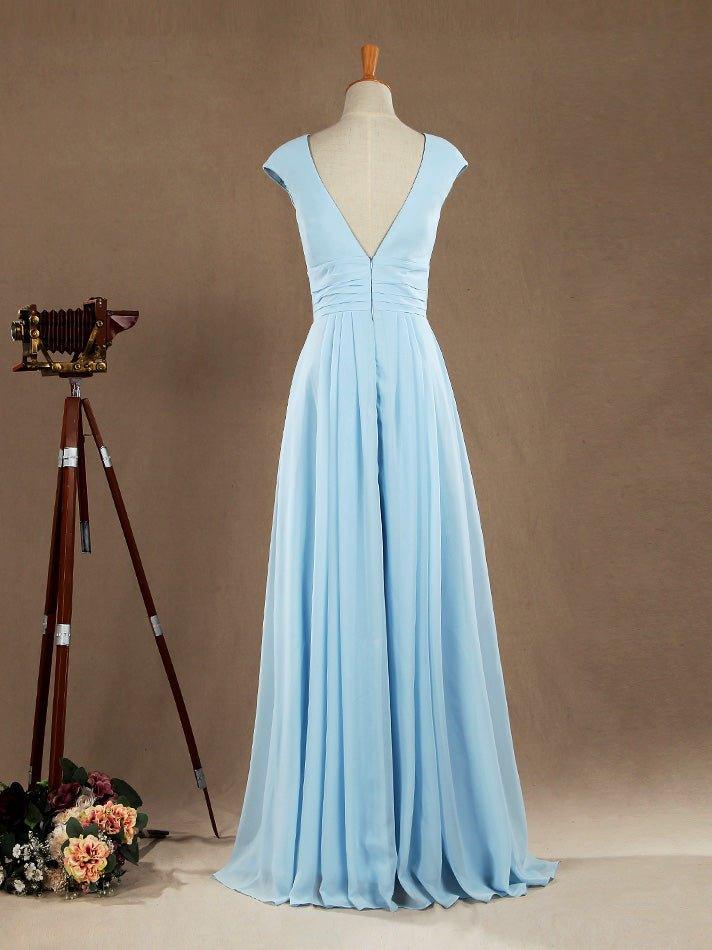 Vestido de dama de honor de gasa con escote en V, largo hasta el suelo y mangas cortas 
