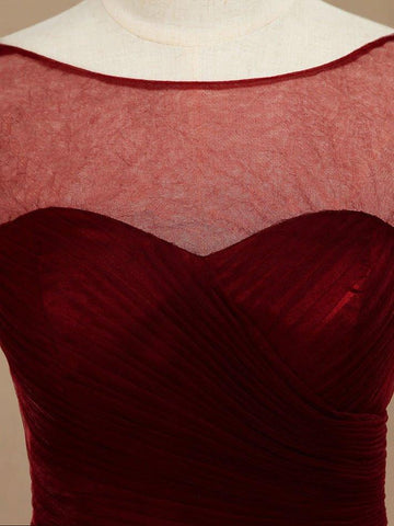 Robe de demoiselle d'honneur trapèze longueur genou en tulle, manches courtes, avec décolleté bateau transparent 