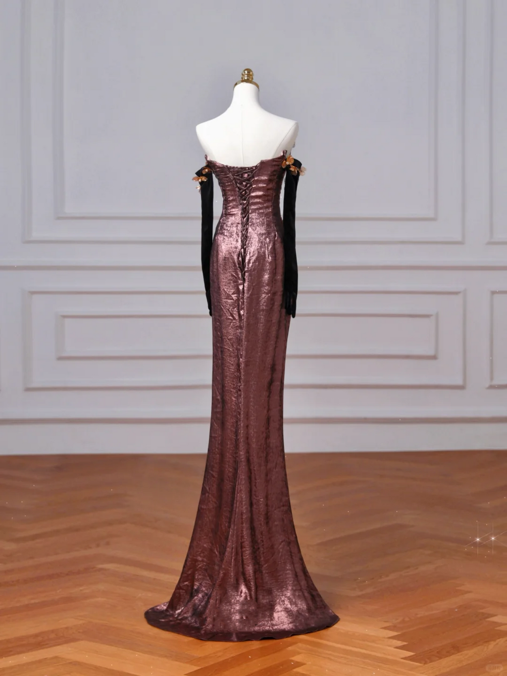 Robe de bal longue vintage en satin à épaules dénudées et appliques, coupe sirène, fente, Y8613