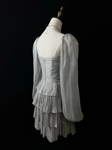 Lindo vestido corto de fiesta con lazo de tul gris plateado, corte en A y capas, estilo vestido de bienvenida Y8651