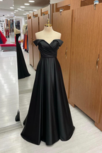 Vestido largo de fiesta negro satinado con hombros descubiertos, vestido largo negro formal de noche para graduación Y201