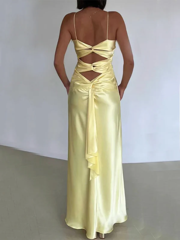Simple Yellow V Neck Satin A Line Prom Dress Evening Dress Y8551