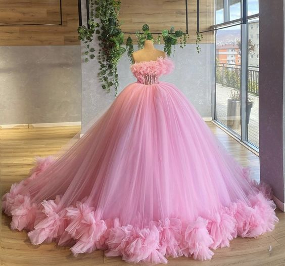 Vestidos de graduación rosas, vestidos de graduación con volantes, vestidos de gala, vestidos de graduación con volumen, vestidos de noche de tul, vestidos de noche de la nueva colección Y1492