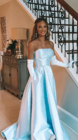 Beautiful Strapless Light Blue Pearl Beaded Birthday Party Dress Formal Prom Evening Dress Y8120