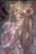 Elegante vestido de noche rosa de gasa con tirantes finos y flores 3D Y8336