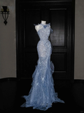 Precioso vestido de sirena azul de tul con lentejuelas, volantes y cuentas, ideal para graduación, eventos formales de noche o bodas (Y8671).