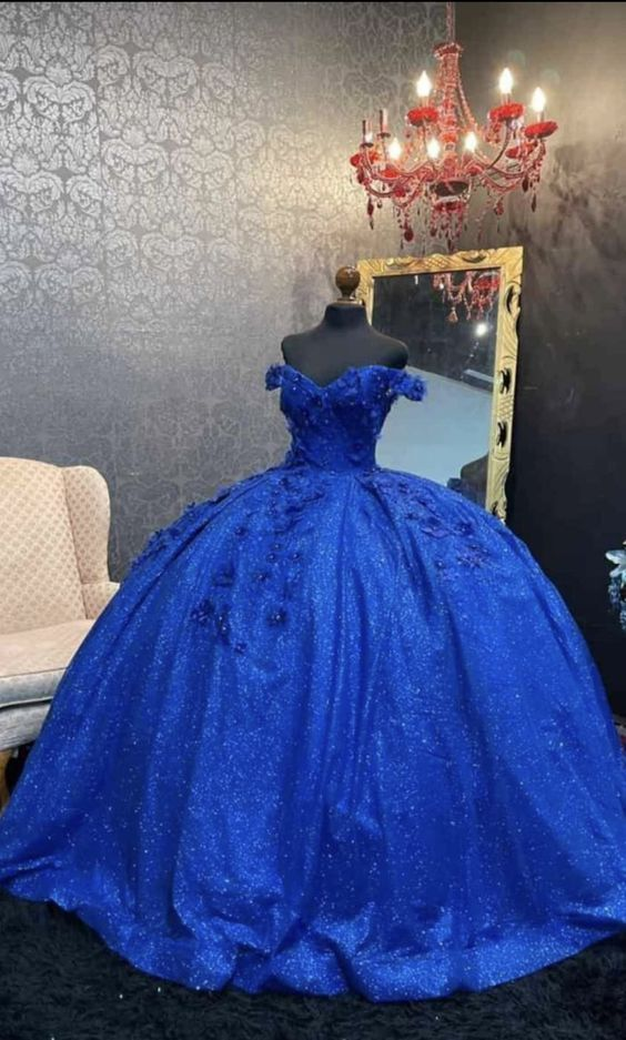Vestido de quinceañera de lentejuelas con hombros descubiertos, azul real, estilo dulce 16, con flores 3D Y5564