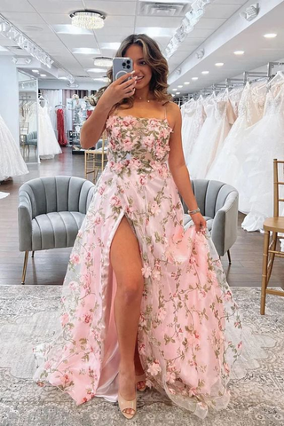 Robe de bal longue rose à fleurs, coupe trapèze, fente haute, robe de soirée formelle pour remise de diplômes Y5893