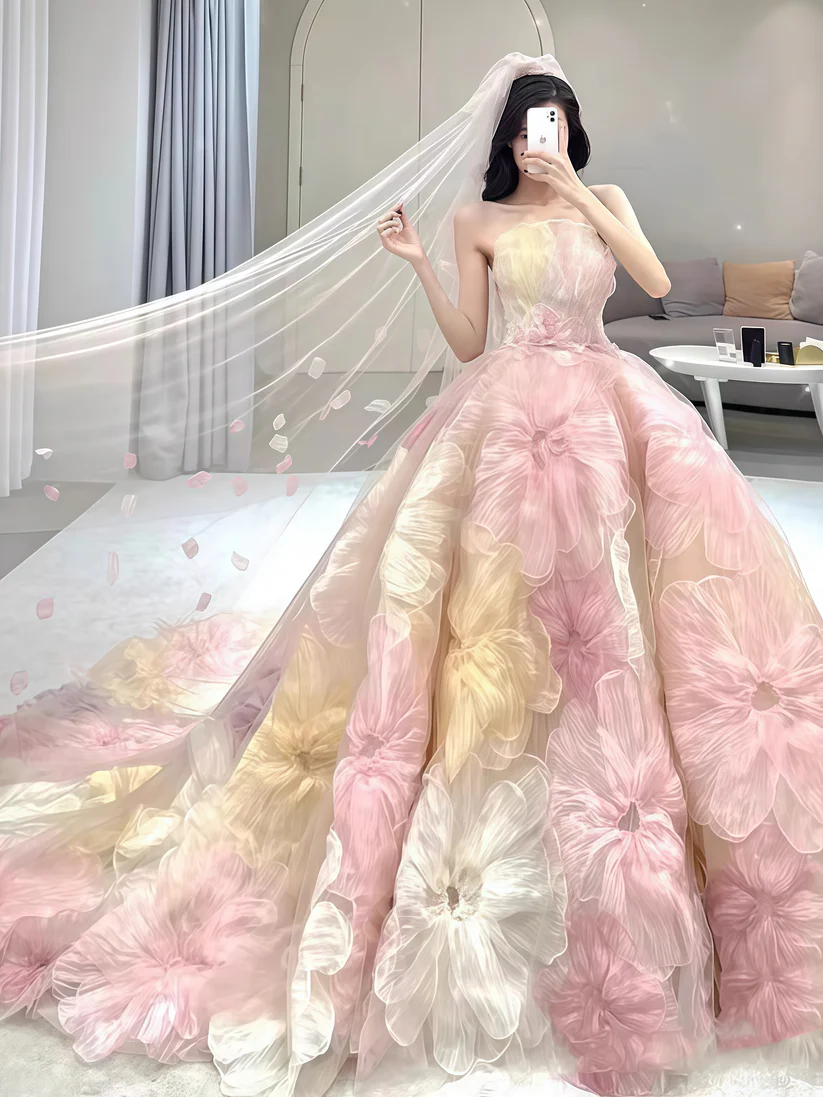 Vestido de gala floral de princesa de ensueño, vestido de noche de corte A sin tirantes, vestido de novia Y8289