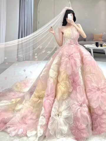 Dream Princess Floral Ball Gown, Strapless A-line Evening Prom Dress,Wedding Dress Y8289