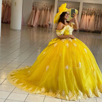 Robe de bal jaune pour quinceañera, épaules dénudées, dos lacé, traîne, appliques et perles Y656