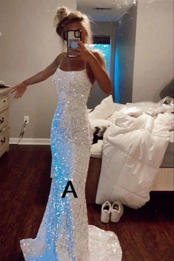 Robe de soirée sirène blanche à sequins et fines bretelles spaghetti Y8071
