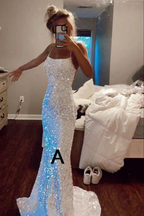 Robe de soirée sirène blanche à sequins et fines bretelles spaghetti Y8071