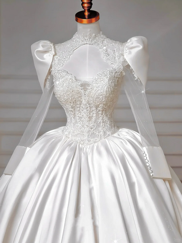 Gorgeous White Satin Lace Appliques A Line Wedding Dress,Formal Prom Dress Y8607