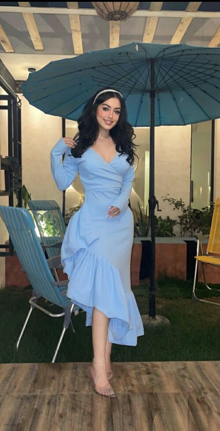 Robe de bal sirène bleu clair pour femme, col en V, manches longues, robe de soirée élégante Y4764