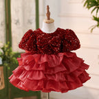 Vestido de fiesta para bebé niña con lentejuelas hasta la rodilla para su primer cumpleaños 