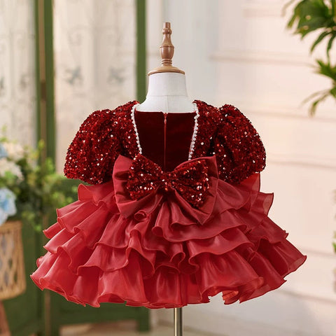 Vestido de fiesta para bebé niña con lentejuelas hasta la rodilla para su primer cumpleaños 