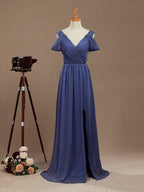Vestido formal de noche de gasa con escote en V, largo hasta el suelo, con mangas con vuelo 