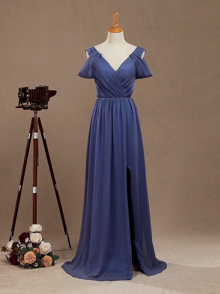 Vestido formal de noche de gasa con escote en V, largo hasta el suelo, con mangas con vuelo 