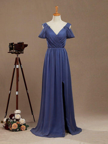 A-Line V-Neck Floor Length Chiffon Prom Formal Evening Dress with Flutter Sleeves