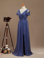 Vestido formal de noche de gasa con escote en V, largo hasta el suelo, con mangas con vuelo 