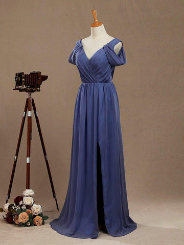 A-Line V-Neck Floor Length Chiffon Prom Formal Evening Dress with Flutter Sleeves