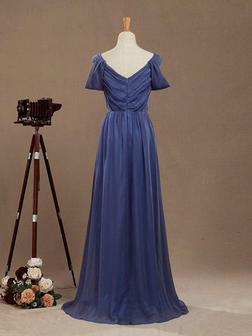 A-Line V-Neck Floor Length Chiffon Prom Formal Evening Dress with Flutter Sleeves