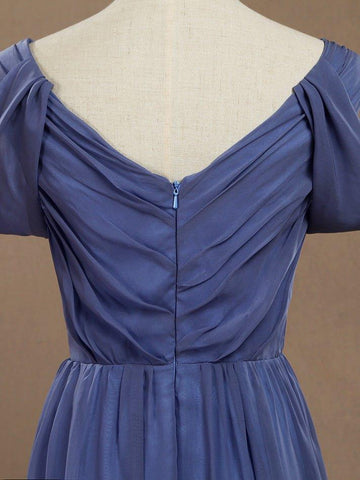 A-Line V-Neck Floor Length Chiffon Prom Formal Evening Dress with Flutter Sleeves