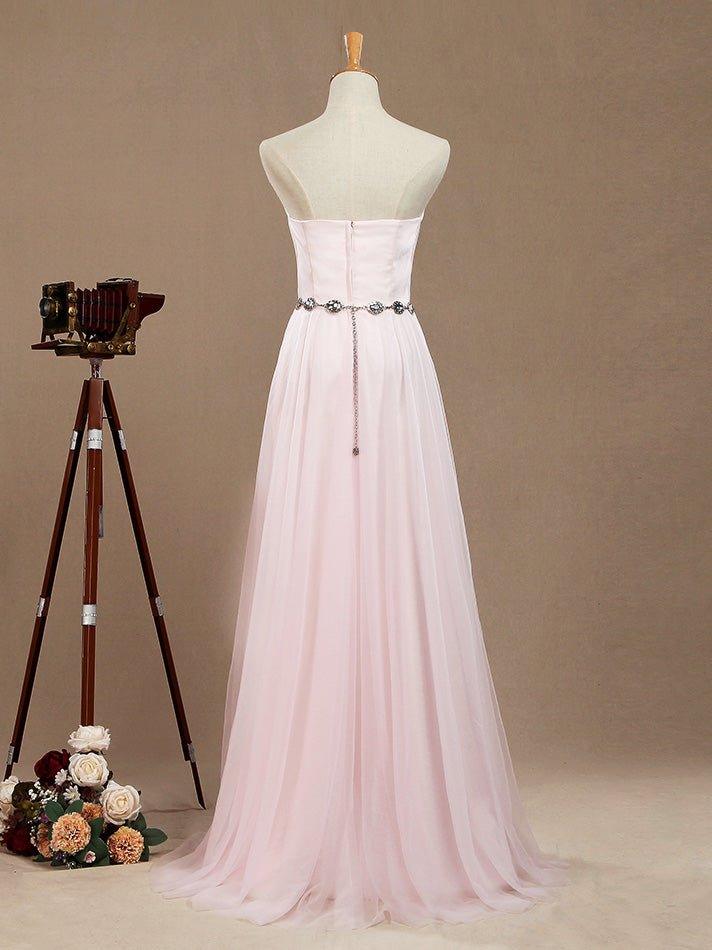 Vestido de dama de honor de tul con corte A, largo hasta el suelo, sin tirantes y con cinturón 