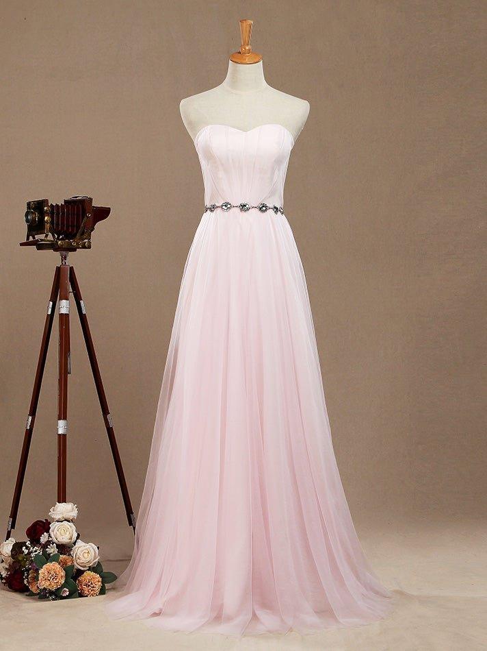 Vestido de dama de honor de tul con corte A, largo hasta el suelo, sin tirantes y con cinturón 