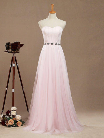 A-Line Tulle Floor Length Bridesmaid Dress Strapless with Belt